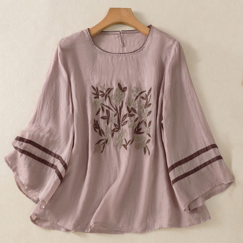 Buddha Stonesレトロ刺繍花柄七分袖レディースコットンTシャツ - 梅 - US14、 UK/AU18、 EU46 (2XL) - image 23