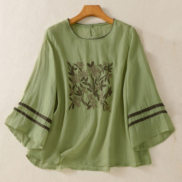Buddha Stonesレトロ刺繍花柄七分袖レディースコットンTシャツ - ライトグリーン - US14、 UK/AU18、 EU46 (2XL) - image 16