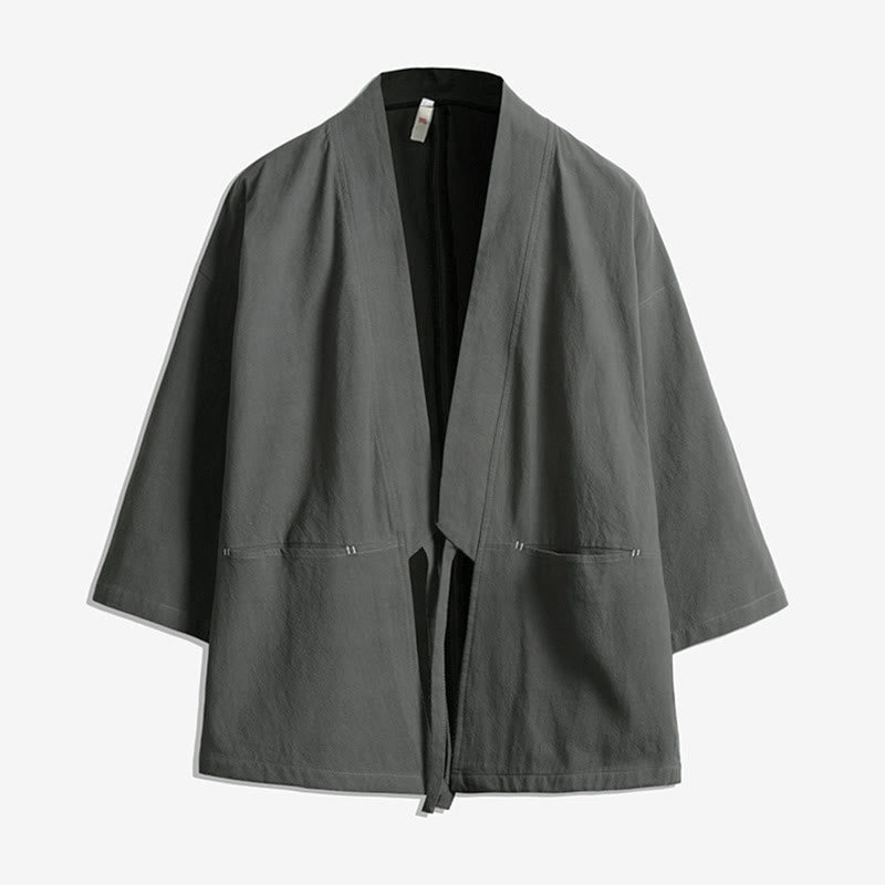 Buddha Stones無地 レースアップ 七分袖 オープンフロント ジャケット メンズ 着物 - グレー - US/UK/AU48、 EU58(5XL) - image 4
