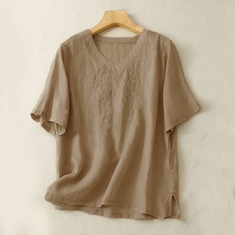 Buddha Stonesカジュアル レディース 刺繍入り花柄 Vネック ゆったり半袖シャツ - タン - US8-10，UK/AU12-14，EU40-42 (2XL) - image 12