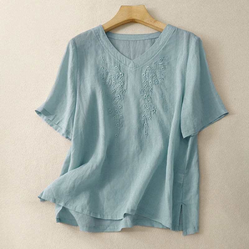 Buddha Stonesカジュアル レディース 刺繍入り花柄 Vネック ゆったり半袖シャツ - 水色 - US8-10，UK/AU12-14，EU40-42 (2XL) - image 21