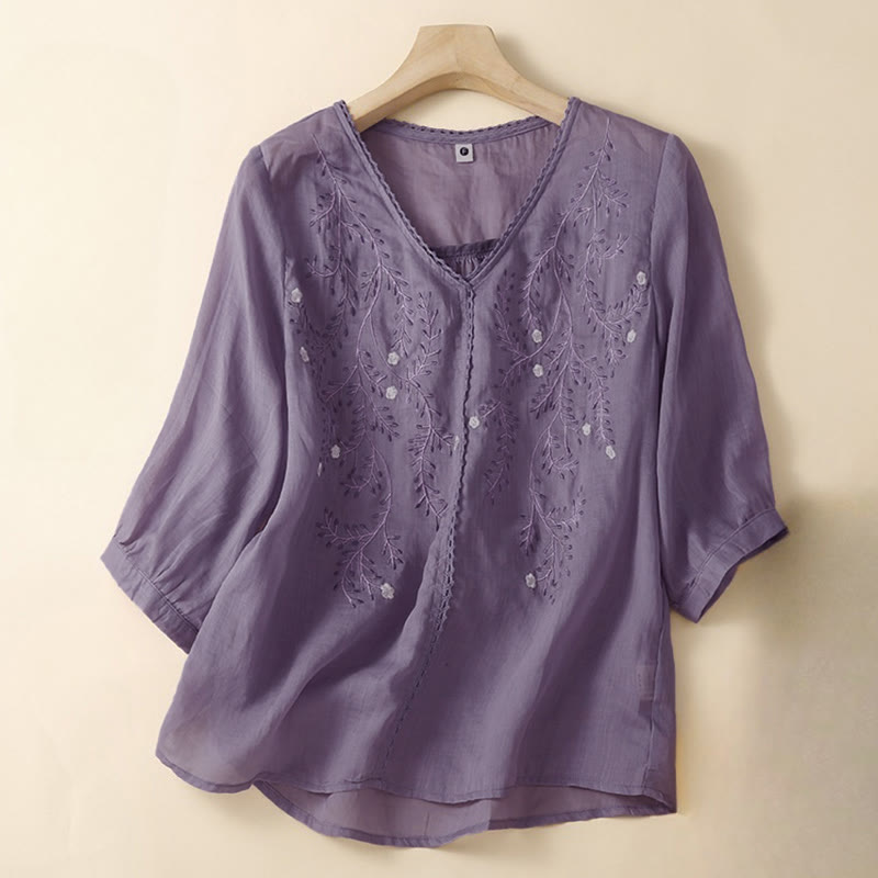 Buddha Stones夏用 カジュアル 花枝刺繍模様 Vネック 半袖 レディース Tシャツ - ミディアムオーキッド - US8-10，UK/AU12-14，EU40-42 (2XL) - image 4