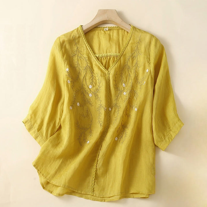 Buddha Stones夏用 カジュアル 花枝刺繍模様 Vネック 半袖 レディース Tシャツ - 金 - US8-10，UK/AU12-14，EU40-42 (2XL) - image 0