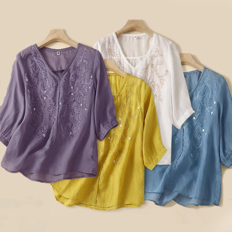 Buddha Stones夏用 カジュアル 花枝刺繍模様 Vネック 半袖 レディース Tシャツ - image 5