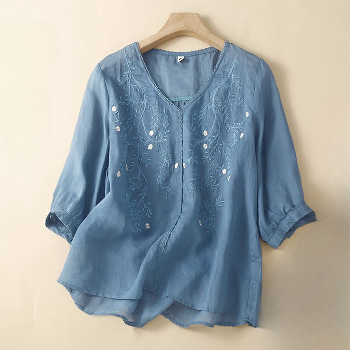 Buddha Stones夏用 カジュアル 花枝刺繍模様 Vネック 半袖 レディース Tシャツ - スチールブルー - US8-10，UK/AU12-14，EU40-42 (2XL) - image 1