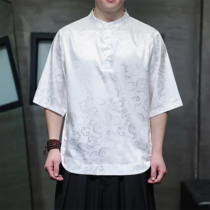 Buddha Stones 夏物 ヴィンテージ 唐風 マンダリンカラー 龍雲柄 メンズ 半袖シャツ - 白 - US/UK/AU46, EU56 （5XL） - image 10
