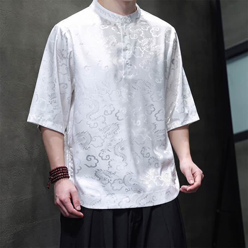 Buddha Stones 夏物 ヴィンテージ 唐風 マンダリンカラー 龍雲柄 メンズ 半袖シャツ - image 15