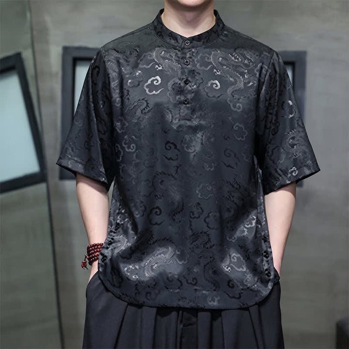 Buddha Stones 夏物 ヴィンテージ 唐風 マンダリンカラー 龍雲柄 メンズ 半袖シャツ - 黒 - US/UK/AU46, EU56 （5XL） - image 0