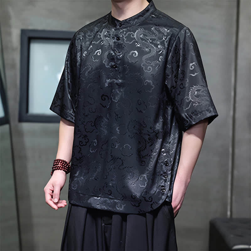 Buddha Stones 夏物 ヴィンテージ 唐風 マンダリンカラー 龍雲柄 メンズ 半袖シャツ - image 9