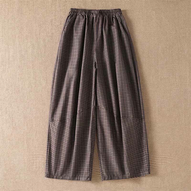 Buddha Stones 春夏カジュアルブラウンチェック柄クロップドパンツレディースワイドレッグパンツ（ポケット付き） - シエナ - US8-10, UK/AU12-14, EU40-42 （2XL） - image 0