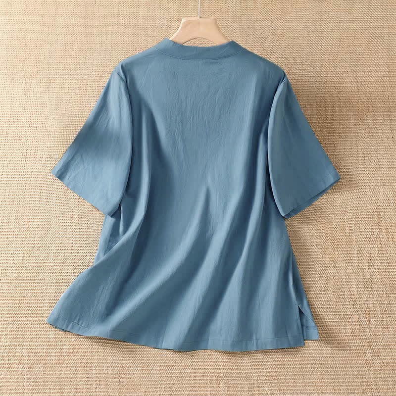Buddha Stones 夏物カジュアル タンスタイル カエルボタン クルーネック 無地 レディース 半袖シャツ - image 1