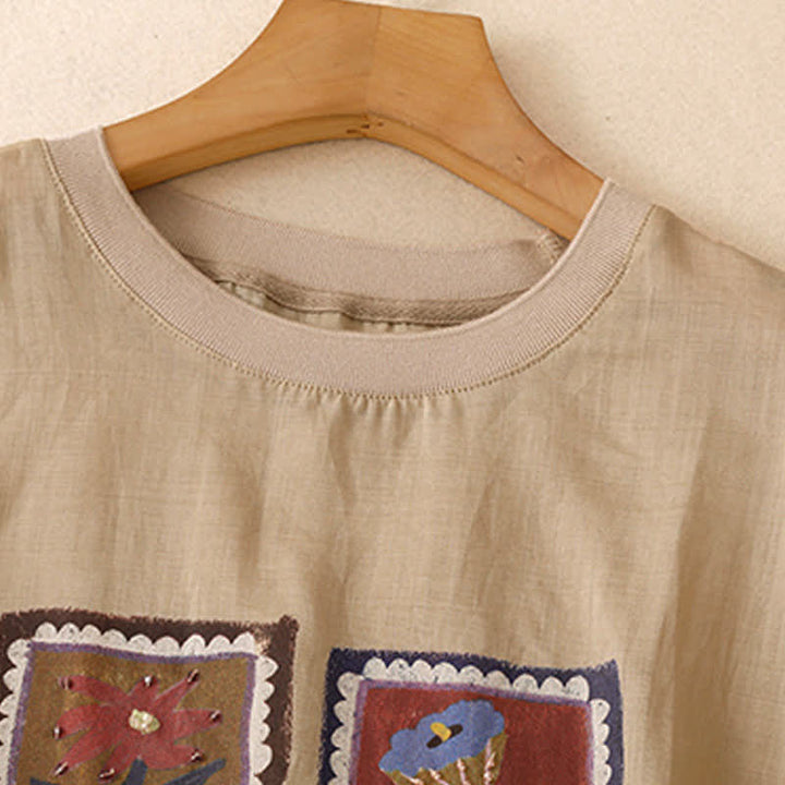 Buddha Stones 夏物カジュアル ヴィンテージ風 花柄スクエアパッチワーク レディース 半袖Tシャツ - image 2