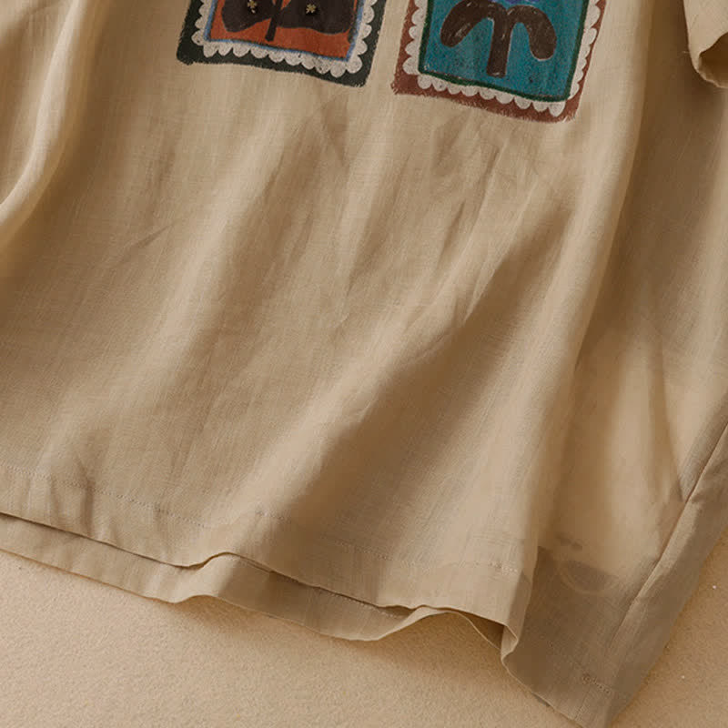 Buddha Stones 夏物カジュアル ヴィンテージ風 花柄スクエアパッチワーク レディース 半袖Tシャツ - image 5