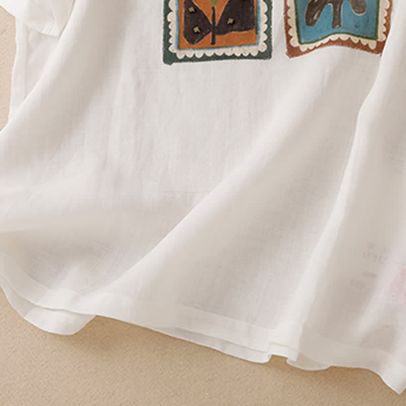 Buddha Stones 夏物カジュアル ヴィンテージ風 花柄スクエアパッチワーク レディース 半袖Tシャツ - image 24