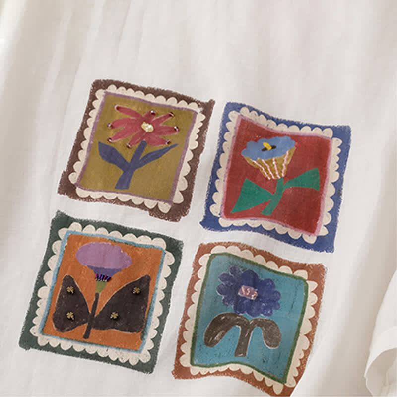Buddha Stones 夏物カジュアル ヴィンテージ風 花柄スクエアパッチワーク レディース 半袖Tシャツ - image 23