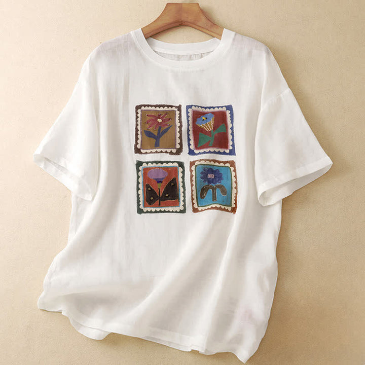 Buddha Stones 夏物カジュアル ヴィンテージ風 花柄スクエアパッチワーク レディース 半袖Tシャツ - 白 - US12, UK/AU16, EU44 （2XL） - image 21
