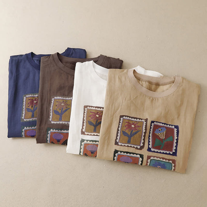 Buddha Stones 夏物カジュアル ヴィンテージ風 花柄スクエアパッチワーク レディース 半袖Tシャツ - image 27