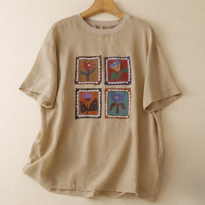 Buddha Stones 夏物カジュアル ヴィンテージ風 花柄スクエアパッチワーク レディース 半袖Tシャツ - ペールゴールデンロッド - US12, UK/AU16, EU44 （2XL） - image 0
