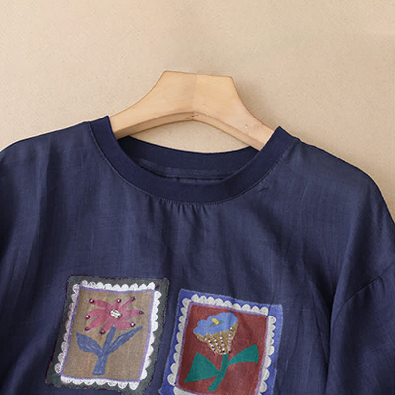Buddha Stones 夏物カジュアル ヴィンテージ風 花柄スクエアパッチワーク レディース 半袖Tシャツ - image 16