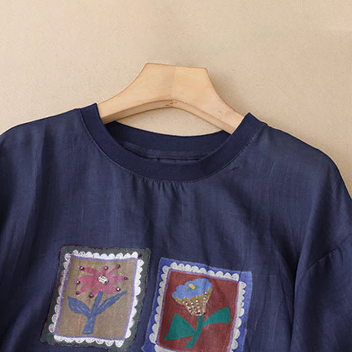 Buddha Stones 夏物カジュアル ヴィンテージ風 花柄スクエアパッチワーク レディース 半袖Tシャツ - image 16