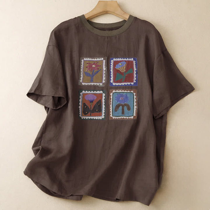 Buddha Stones 夏物カジュアル ヴィンテージ風 花柄スクエアパッチワーク レディース 半袖Tシャツ - サドルブラウン - US12, UK/AU16, EU44 （2XL） - image 9