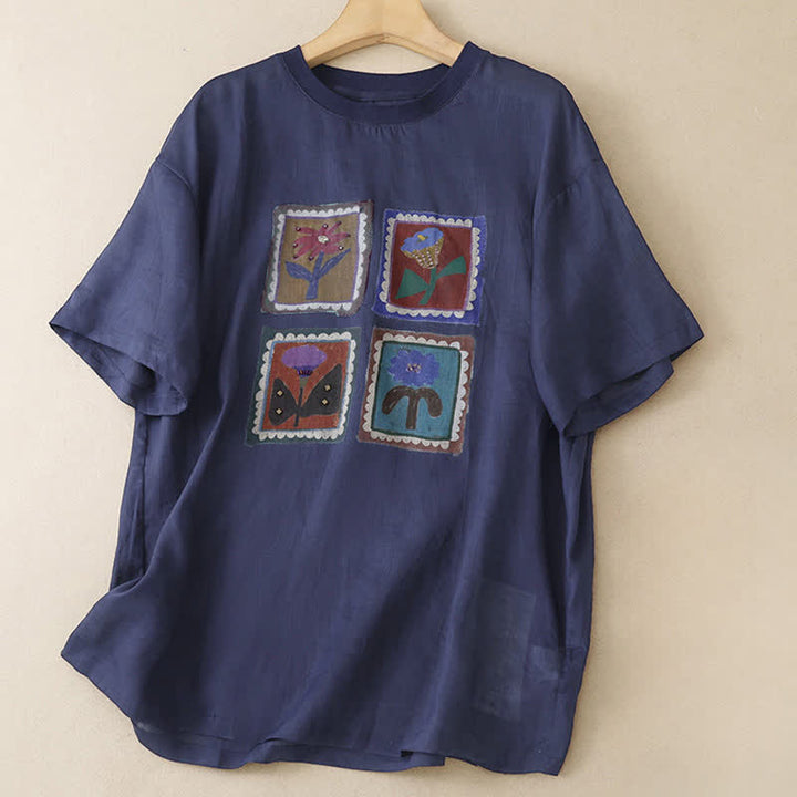 Buddha Stones 夏物カジュアル ヴィンテージ風 花柄スクエアパッチワーク レディース 半袖Tシャツ - ミッドナイトブルー - US12, UK/AU16, EU44 （2XL） - image 15