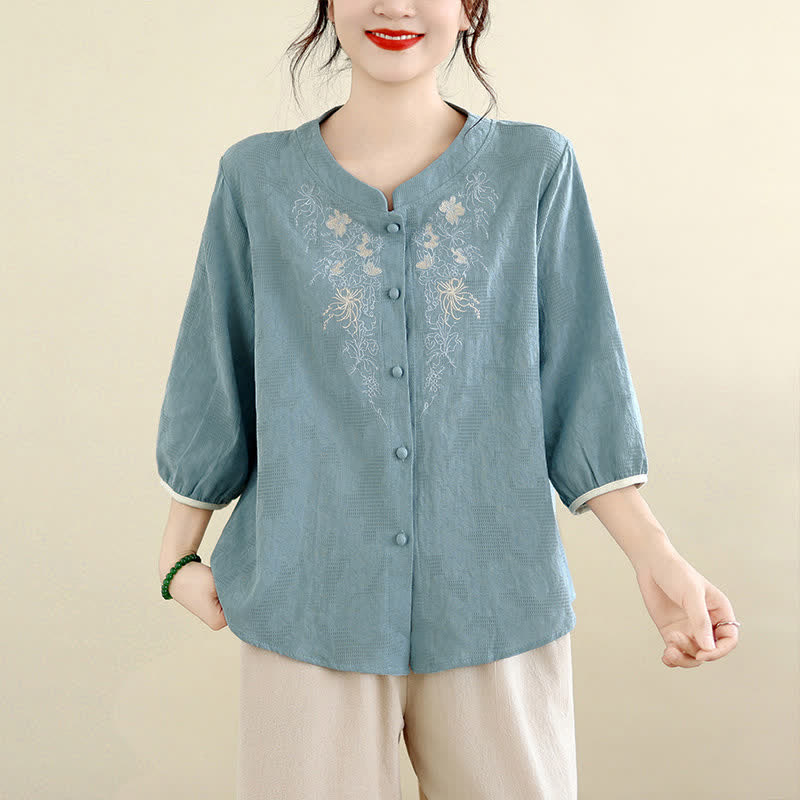 Buddha Stones 夏物 ヴィンテージ 唐風 刺繍 花柄 レディース 七分袖シャツ - パウダーブルー - US12, UK/AU16, EU44 （3XL） - image 18