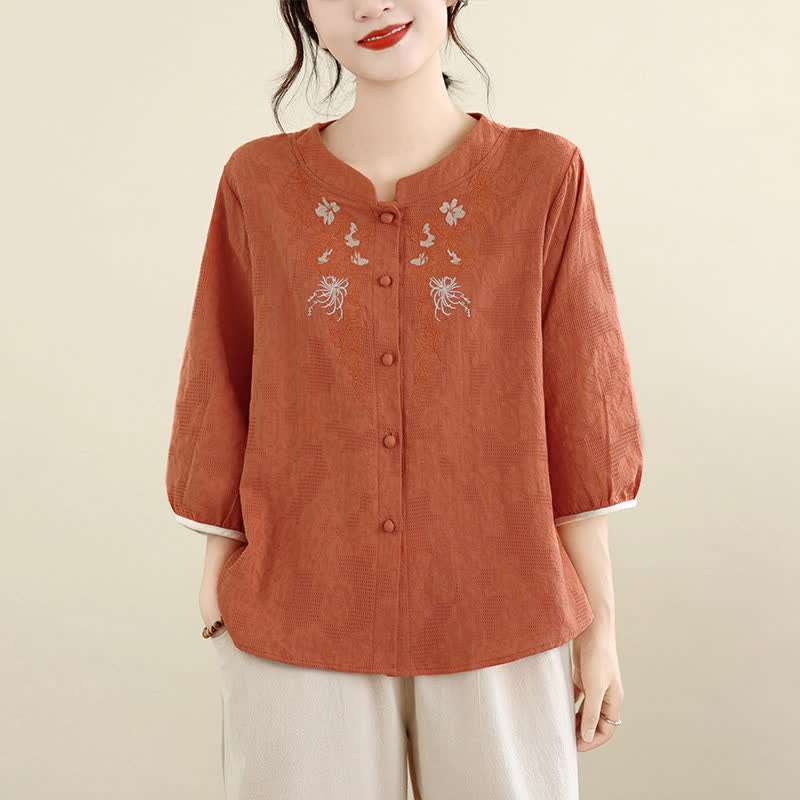 Buddha Stones 夏物 ヴィンテージ 唐風 刺繍 花柄 レディース 七分袖シャツ - コーラル - US12, UK/AU16, EU44 （3XL） - image 10