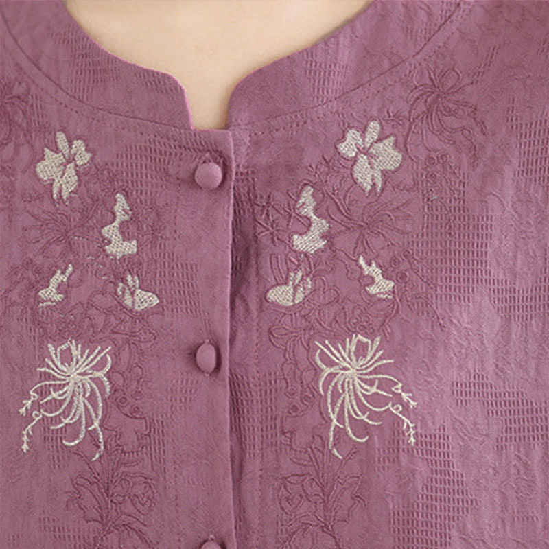 Buddha Stones 夏物 ヴィンテージ 唐風 刺繍 花柄 レディース 七分袖シャツ - image 6