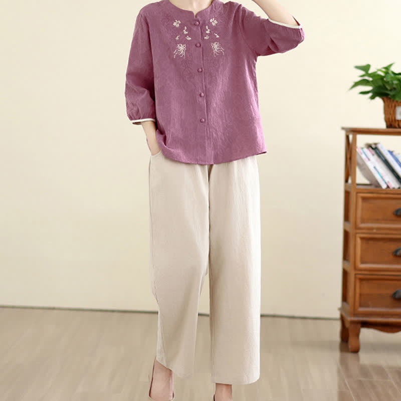 Buddha Stones 夏物 ヴィンテージ 唐風 刺繍 花柄 レディース 七分袖シャツ - image 4
