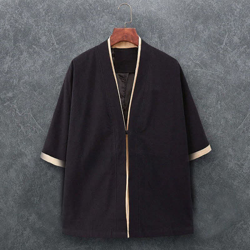 Buddha Stones 春夏ミニマリストカジュアル結びボタン無地コットン七分袖メンズ着物 - 黒 - US/UK/AU46, EU56 （5XL） - image 2