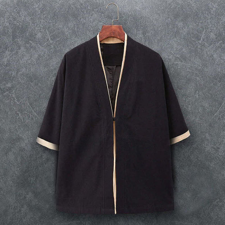 Buddha Stones 春夏ミニマリストカジュアル結びボタン無地コットン七分袖メンズ着物 - 黒 - US/UK/AU46, EU56 （5XL） - image 2