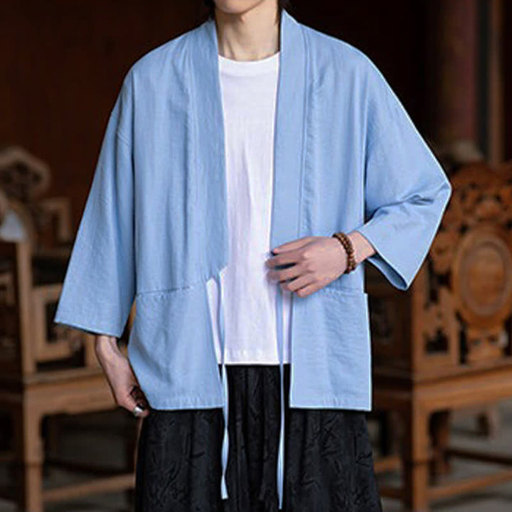 Buddha Stones 春夏カジュアルミニマリストドローストリング無地七分袖メンズ着物ポケット付き - image 17