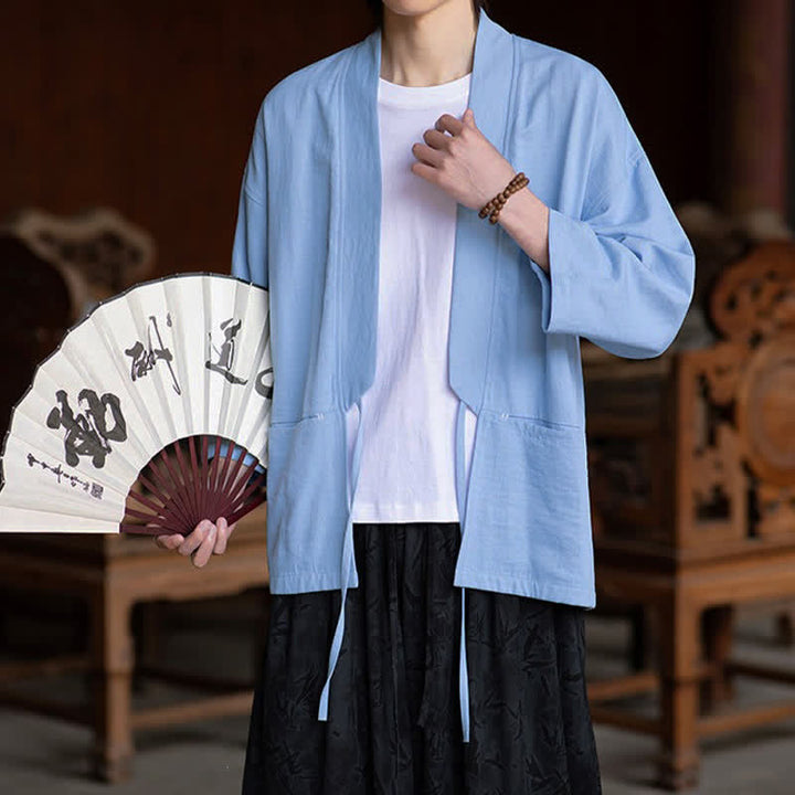 Buddha Stones 春夏カジュアルミニマリストドローストリング無地七分袖メンズ着物ポケット付き - image 10