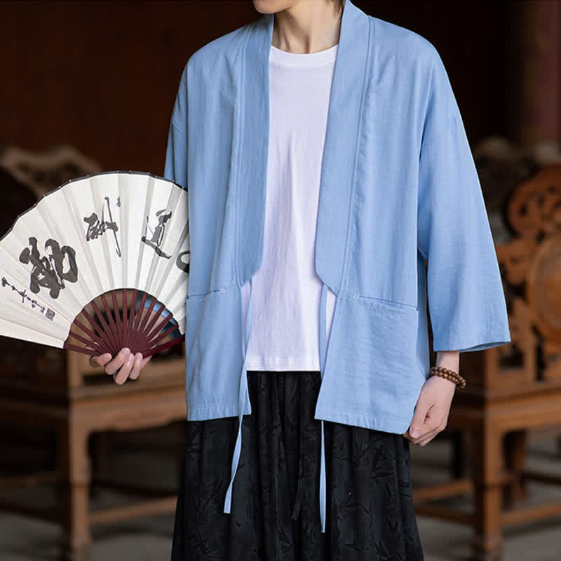 Buddha Stones 春夏カジュアルミニマリストドローストリング無地七分袖メンズ着物ポケット付き - image 13