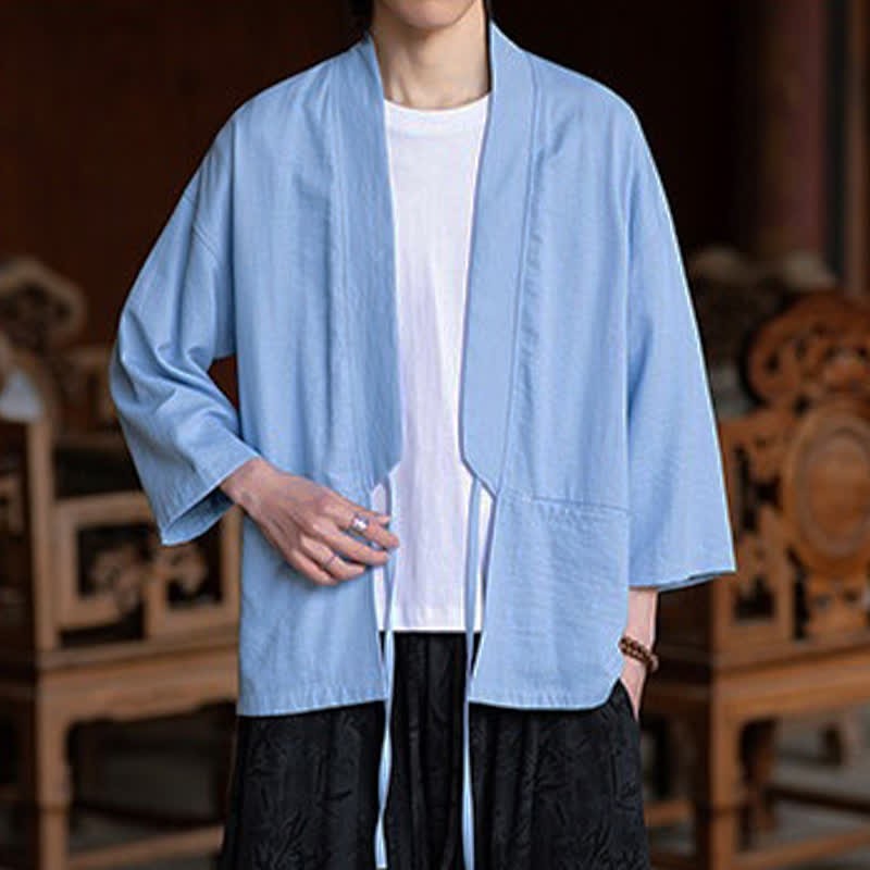 Buddha Stones 春夏カジュアルミニマリストドローストリング無地七分袖メンズ着物ポケット付き - image 16