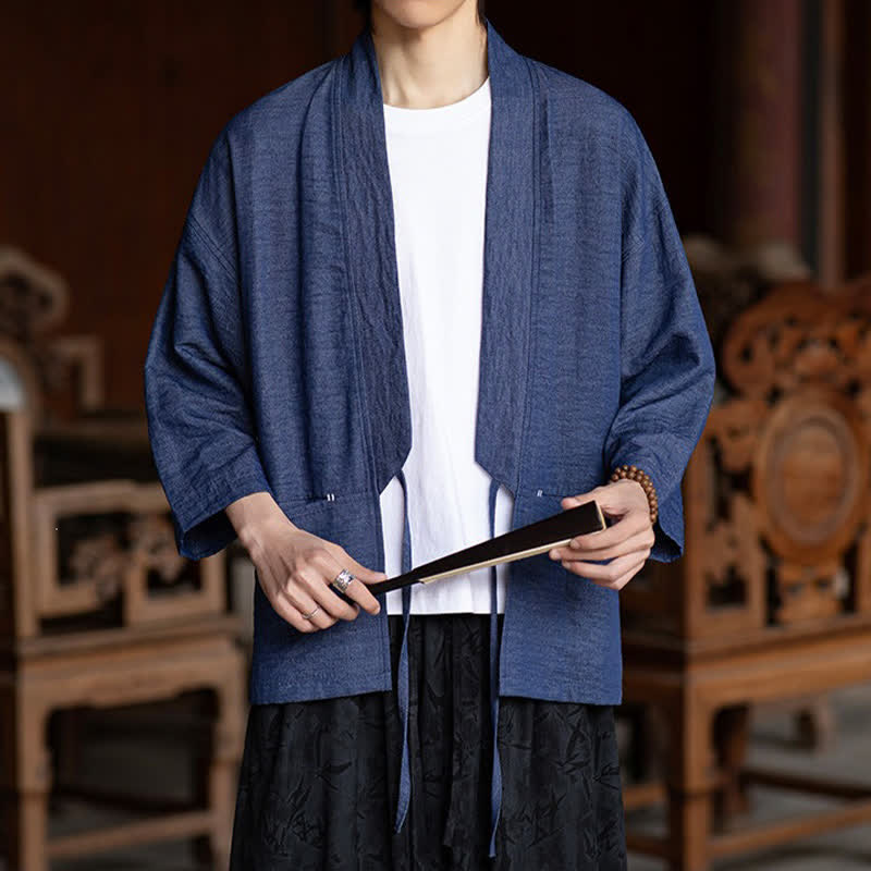 Buddha Stones 春夏カジュアルミニマリストドローストリング無地七分袖メンズ着物ポケット付き - image 6