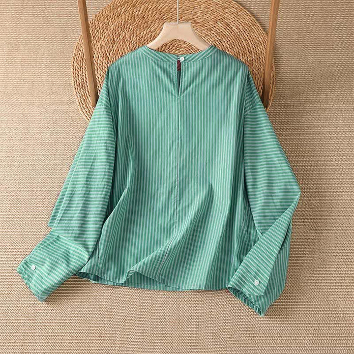 Buddha Stones 春のカジュアルミニマリストグリーンストライプクルーネック長袖Tシャツ（レディース） - image 1