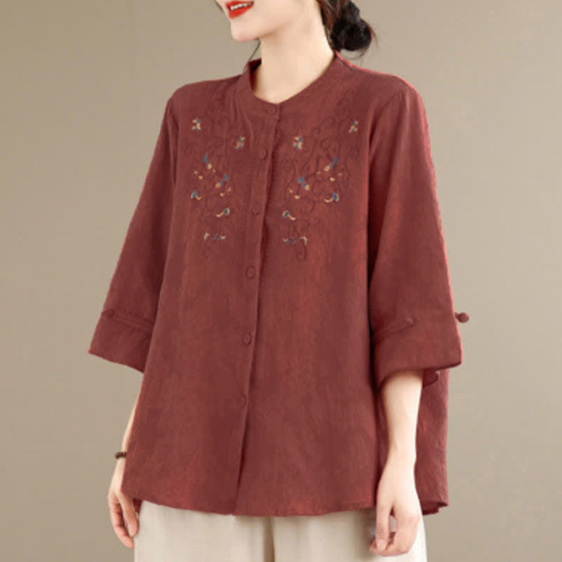 Buddha Stones 春夏ヴィンテージ唐草風刺繍マンダリンカラー花柄レディース長袖シャツ - image 4