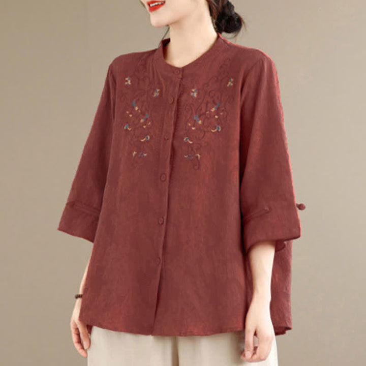 Buddha Stones 春夏ヴィンテージ唐草風刺繍マンダリンカラー花柄レディース長袖シャツ - image 4