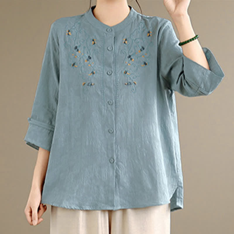 Buddha Stones 春夏ヴィンテージ唐草風刺繍マンダリンカラー花柄レディース長袖シャツ - image 11