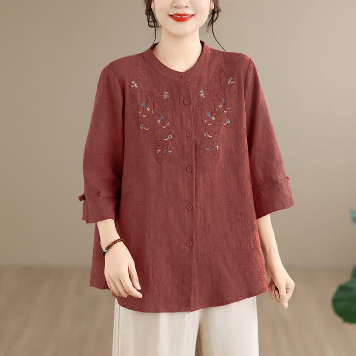 Buddha Stones 春夏ヴィンテージ唐草風刺繍マンダリンカラー花柄レディース長袖シャツ - image 3