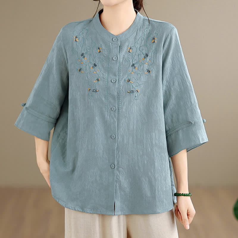 Buddha Stones 春夏ヴィンテージ唐草風刺繍マンダリンカラー花柄レディース長袖シャツ - image 17