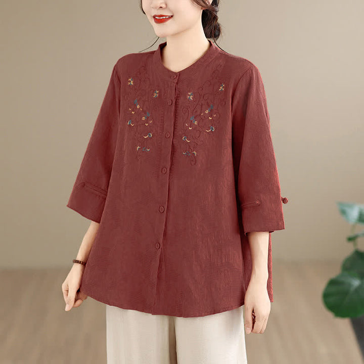 Buddha Stones 春夏ヴィンテージ唐草風刺繍マンダリンカラー花柄レディース長袖シャツ - シエナ - US12, UK/AU16, EU44 （3XL） - image 0