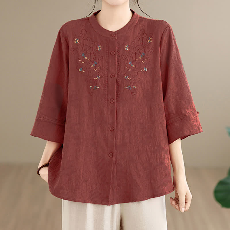 Buddha Stones 春夏ヴィンテージ唐草風刺繍マンダリンカラー花柄レディース長袖シャツ - image 1