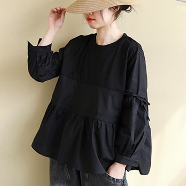 Buddha Stones 春秋カジュアルヴィンテージクルーネックペプラム裾ドローストリング無地レディース長袖Tシャツ - image 18