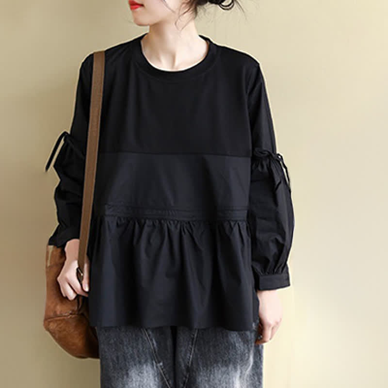 Buddha Stones 春秋カジュアルヴィンテージクルーネックペプラム裾ドローストリング無地レディース長袖Tシャツ - image 21