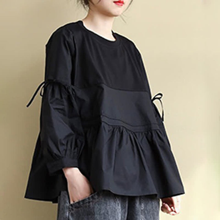 Buddha Stones 春秋カジュアルヴィンテージクルーネックペプラム裾ドローストリング無地レディース長袖Tシャツ - image 19