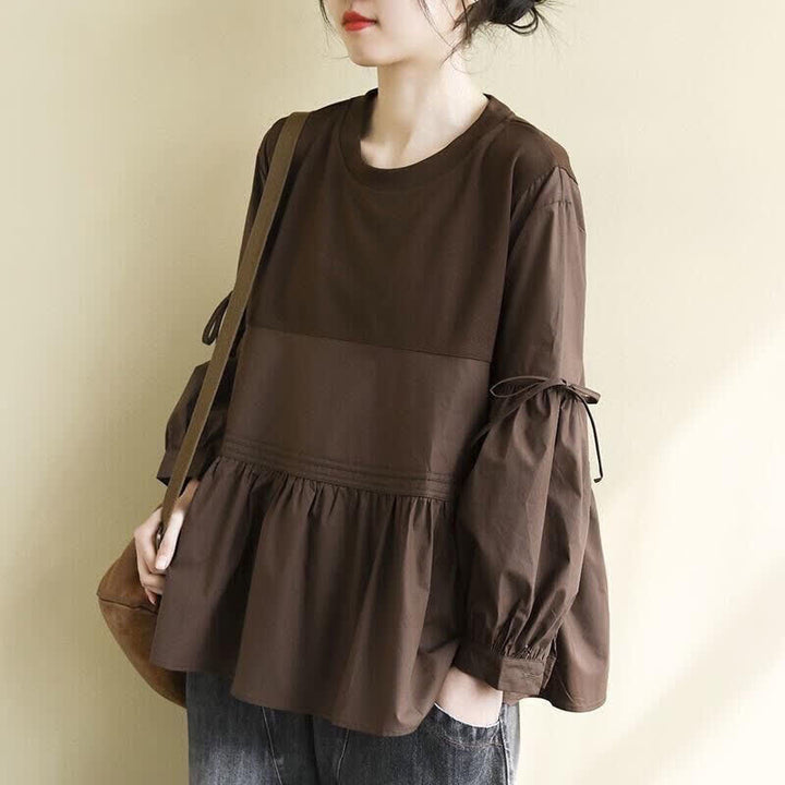 Buddha Stones 春秋カジュアルヴィンテージクルーネックペプラム裾ドローストリング無地レディース長袖Tシャツ - サドルブラウン - US12, UK/AU16, EU44 （2XL） - image 0