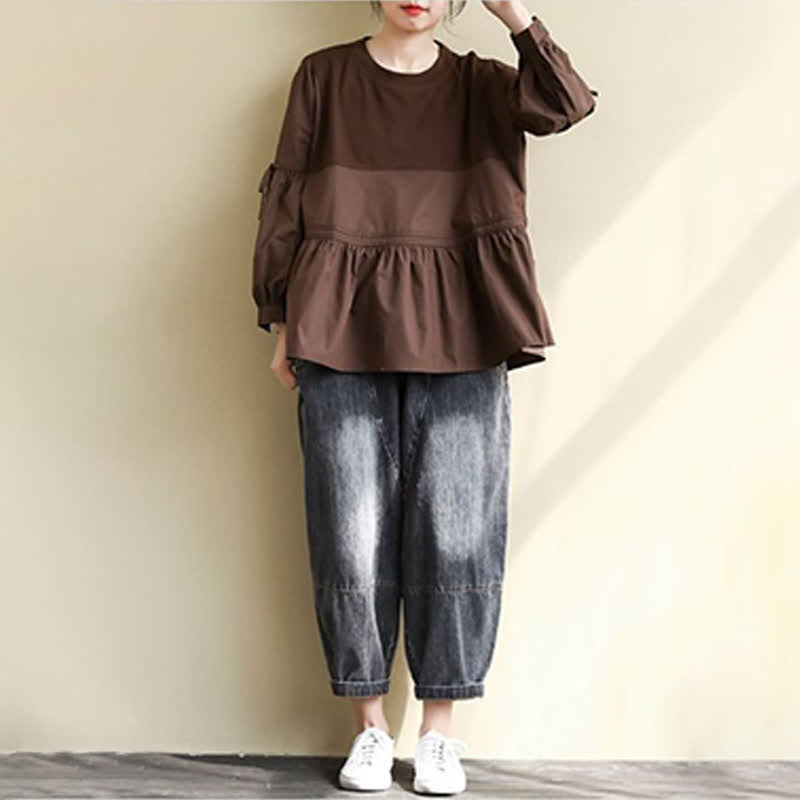 Buddha Stones 春秋カジュアルヴィンテージクルーネックペプラム裾ドローストリング無地レディース長袖Tシャツ - image 13